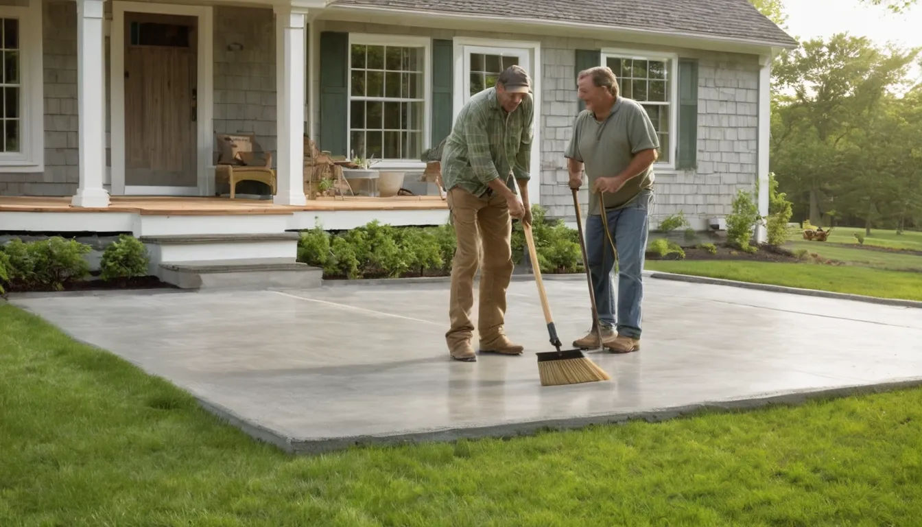 A newly poured concrete patio behind a home in the Perth Amboy area, with a local provider checking the finish